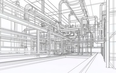 Fototapeta premium Detailed visualization of manufacturing facility pipelines under natural light.