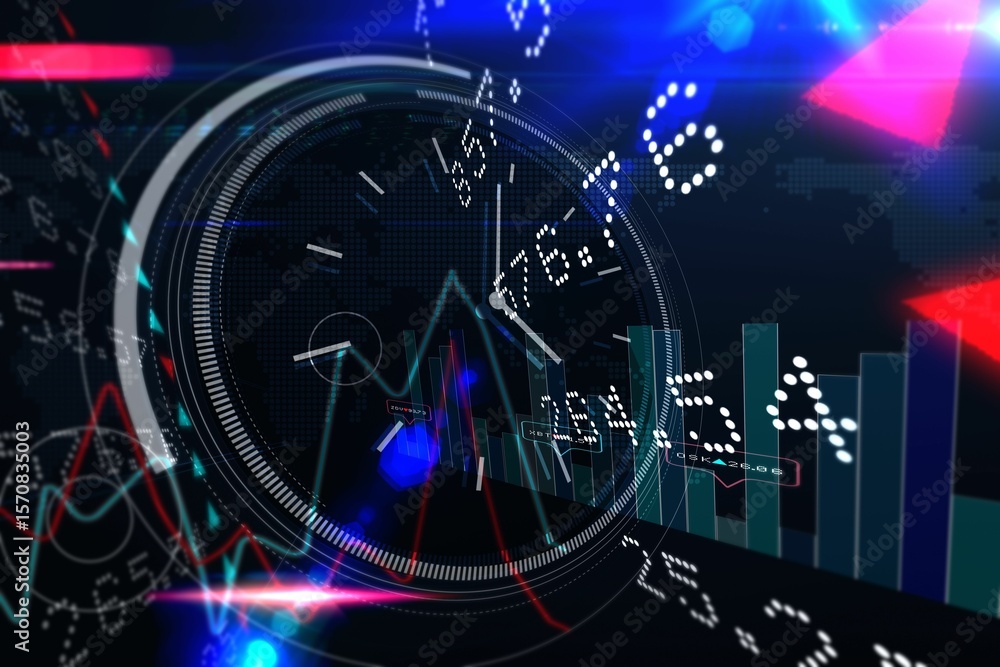 Poster dashboard hud dial is displaying red, cyan line graphs, teal bars, map overlay in flat vector