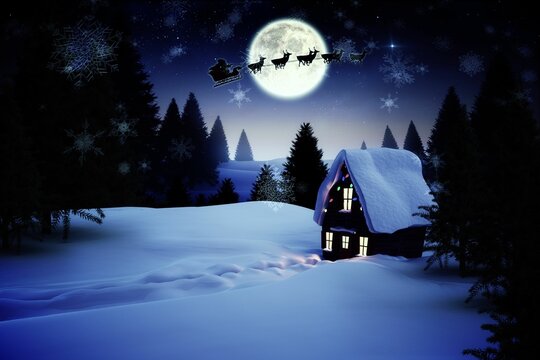 Naklejki Christmas house under full moon