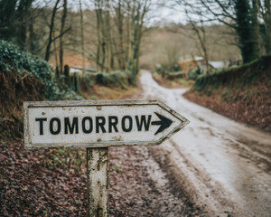 A sign post pointing down a countryside road or lane, with the word - Tomorrow