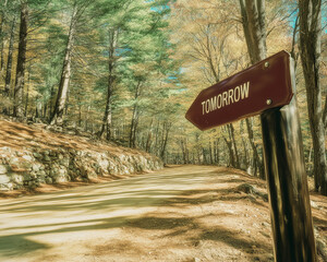 A sign post pointing down a countryside road or lane, with the word - Tomorrow