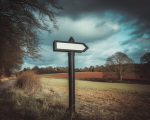 A sign post pointing down a countryside road or lane.