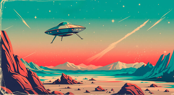 UFO landing on an alien planet surface. Flying saucer over distant futuristic landscape. World UFO Day concept illustration.