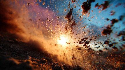 Abstract view of sun shining through dust particles creating a golden glow