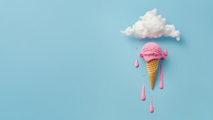 Pink melting ice cream cone with cloud. Summer dessert concept for sweet treat promotion. Abstract flat lay on blue background with copy space.