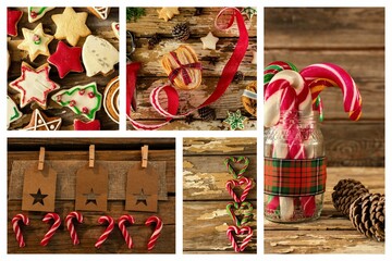 Flat design collage is featuring glass jar of candy canes, cookies, gift tags on wood surface