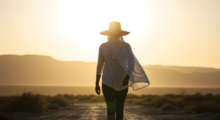 Silhouette of a Woman Walking Towards the Setting Sun in a Desert Landscape, Wearing a Hat and Flowing Cape, Symbolizing Freedom, Adventure, and Exploration, Golden Hour Photography.