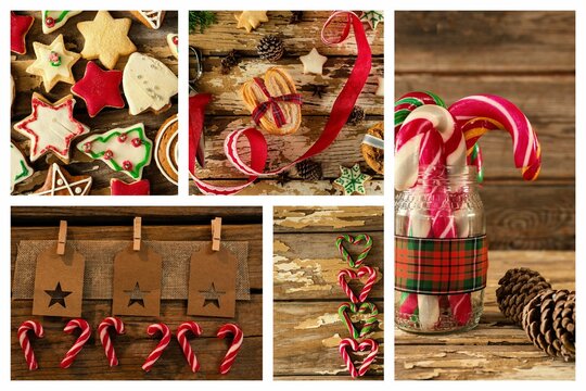 Fototapeta Flat design collage is featuring glass jar of candy canes, cookies, gift tags on wood surface