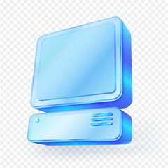 3D icon of a retro desktop computer in blue glass tones, representing old technology, vintage computing and classic hardware. Isolated on transparent background. Vector illustration.
