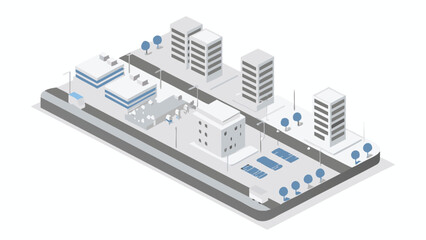Isometric city landscape with buildings, roads, trees, and parking spaces on a gray platform base
