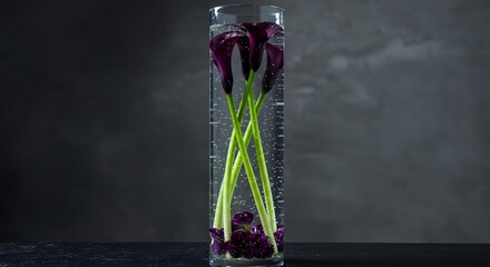 Elegant arrangement of purple calla lilies and green stems submerged in clear water in a tall glass vase, creating a visually striking and minimalist floral display against a dark background.