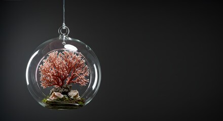 Elegant Glass Terrarium with Coral Reef Element, Hanging Display on Dark Background, Modern Home Decor, Botanical Art, Decorative Globe with Coral, Minimalist Design, Copy Space