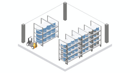 Isometric view of a warehouse interior with shelving units full of barrels and a forklift truck present