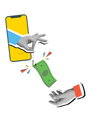 One hand stretches a green dollar bill on a fishing hook from a phone screen to another hand. Concept of scam. Modern photo collage style. Illustration on transparent background