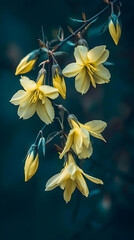 Obraz premium Delicate yellow flowers in dark background. Possible use Desktop wallpaper or nature-themed decor