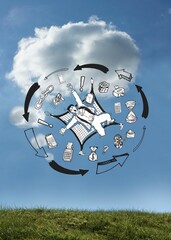 Falling businessman graphic on bright sky