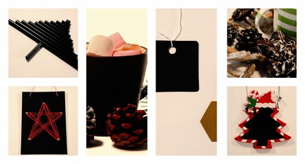 Holiday crafting items are being shown in tabletop collage, with black gift tags and pine cones © vectorfusionart