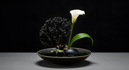 Elegant Ikebana Floral Arrangement with Calla Lily, Coral, and Stone in a Bowl, Japanese Zen Aesthetic, Minimalist Still Life on Dark Background, Tranquil Design