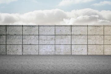 Concrete tiled wall is standing on flat paved ground under partly cloudy sky in flat design