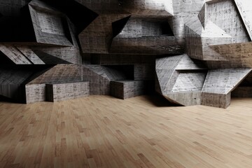 Obraz premium 3D render is showcasing gallery interior with sculptural concrete wall, angular niches, wood floor