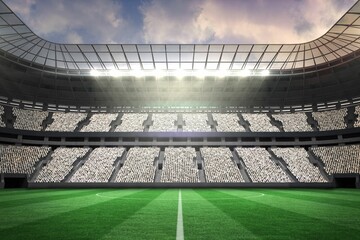 Showing soccer stadium interior in flat design featuring green pitch, seating tiers and floodlights