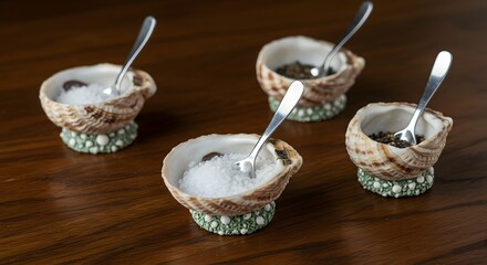 Close-up of four shell-shaped salt and pepper dishes with small spoons on a wooden surface, showcasing sea-inspired table decor, ideal for restaurant or home dining, evoking coastal ambiance.