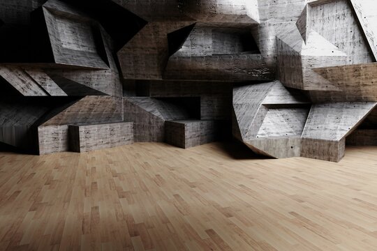 Fototapeta 3D render is showcasing gallery interior with sculptural concrete wall, angular niches, wood floor
