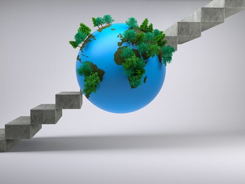 Fototapeta Stylized Earth globe is hovering in flat design, with green forest clusters and concrete stairs
