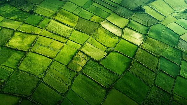 Aerial view of vibrant green patchwork farmland