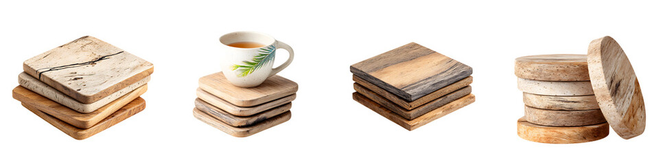 Rustic Wooden Coasters Stacked - Cup of Tea on Top