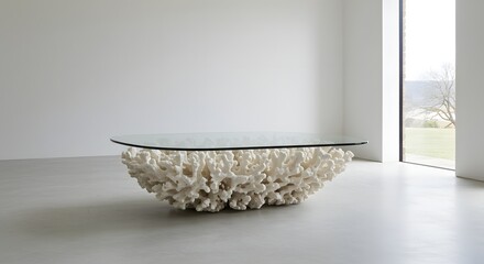 Unique Coral-Shaped Coffee Table with Glass Top in Modern Interior, White Decor, Minimalist Design, Contemporary Furniture, Coastal Living Room Decor, Elegant Design, Luxury Home