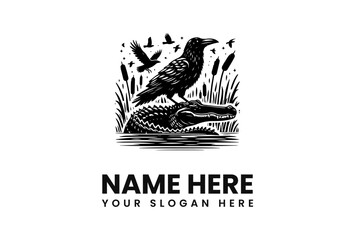 A raven perched atop an alligator amidst reeds, a monochrome illustration.