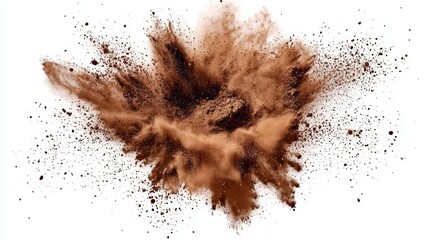 An energetic dust cloud bursts into motion, showcasing an intense brown powder eruption.