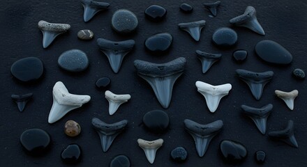 A striking overhead arrangement of various fossilized shark teeth and smooth dark stones, showcasing the beauty of ancient marine life and natural textures on a dark surface.