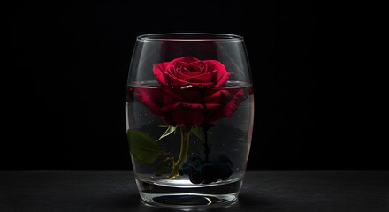 Elegant Red Rose in Glass of Water, Artistic Floral Photography with Dark Background, Dramatic Lighting, Still Life, Symbolic of Beauty, Love, and Romance, Creative Studio Shot.