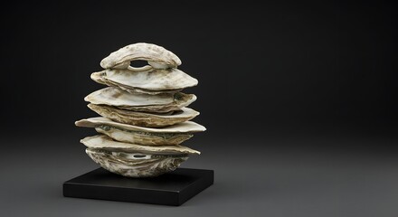 Stack of Oyster Shells Balanced on Black Base, Studio Shot, Minimalist Concept, Neutral Tones, Elegant Food Photography, Sustainable Seafood, Marine Life, Artistic Composition, Gourmet Dining