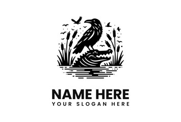 A stylized graphic design of a crow perched on an alligator's head, set within a circular frame depicting a marsh or swamp environment.