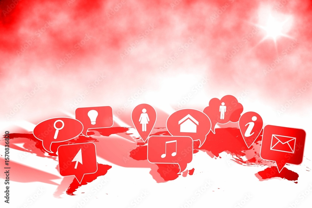 Poster world map flat design is displaying red icon markers over red cloudy gradient with bright flare