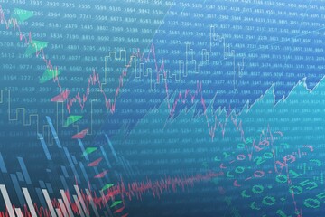 Financial market visualization is showing charts, arrows and data overlays in flat interface