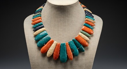 Close-up studio shot of a vibrant, handcrafted statement necklace with colorful, carved gemstone pendants on a mannequin against a dark background, showcasing intricate jewelry design and fashion.