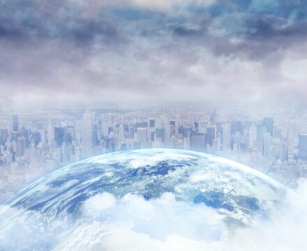 Fototapeta 3D render is showing Earth globe hovering above misty city skyline under dramatic cloud-filled sky