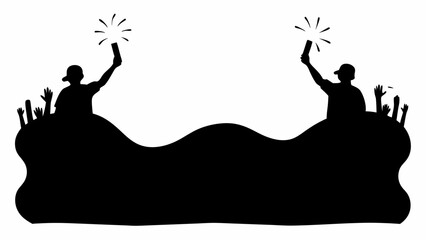 Silhouette of two people holding up phones at a concert with raised hands in the crowd showing support