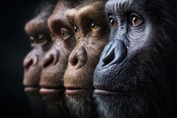 Obraz premium Evolutionary progression of hominids depicted through facial similarities and differences