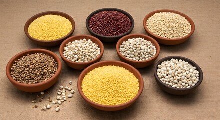 Assortment of various grains and seeds displayed in terracotta bowls on a burlap surface, including millet, sorghum, and other healthy whole grains, food photography.