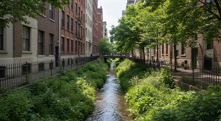 Scenic urban landscape with a small river flowing through a city, surrounded by lush greenery, brick buildings, and a pedestrian bridge, capturing the beauty of nature meeting architecture.