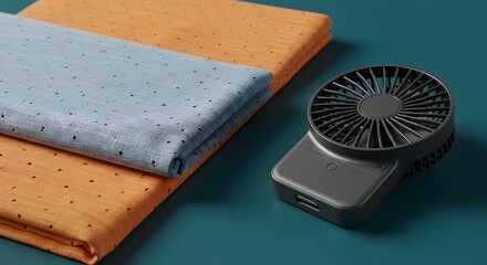 Stylish Portable Fan with Gray and Orange Textured Fabric Background, Modern Cooling Device for Home, Office, or Travel, Compact and Efficient Design.