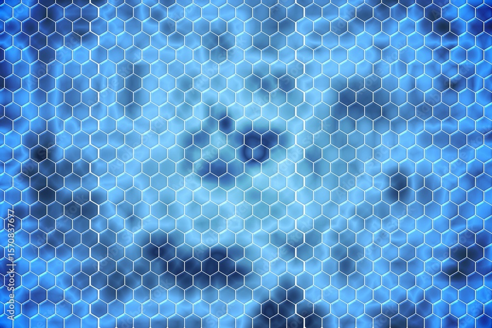 Poster hexagonal grid pattern floating over glowing blue field, creating seamless abstract digital design