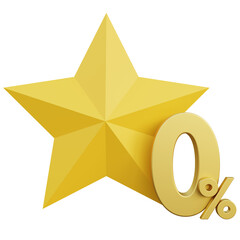Golden 0% discount text for special offer, buy, pay, transfer, finance business concept, 3D illustration