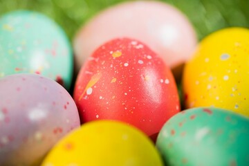 Fototapeta premium Close-up of various Easter eggs in garden