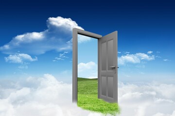Obraz premium Open door with grassy landscape against sky